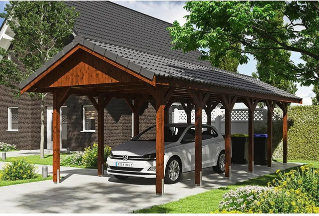 Skan Holz Carport Wallgau Satteldach aus Nadelholz in Braun mit Dachlattung, B: 380 cm, T: 900 cm, H: 313 cm - Bild 1
