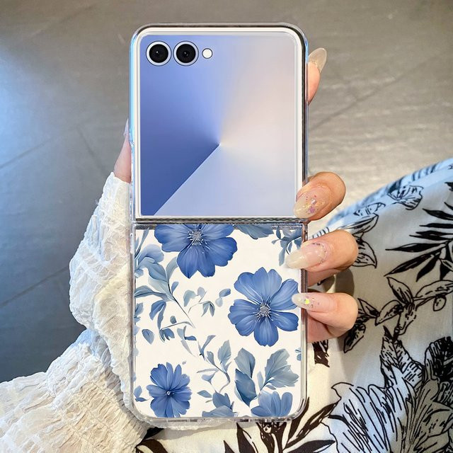 Transparente Handyhülle mit blauem Blumenmuster für Samsung Galaxy Z Flip 7, Hard PC Folding Cover - Bild 1