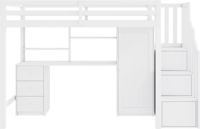 KOMHTOM Multifunktionales Etagenbett für Kinder in Weiß mit Schreibtisch, Kleiderschrank, Schubladen und Treppenschrank, B/T/H: 200 x 90 x 165 cm - Bild 1