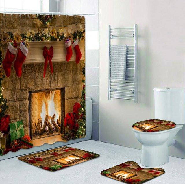 Wasserfester Duschvorhang mit Weihnachtsbaum- und Glocken-Design aus Polyester, rot/mehrfarbig, B: 90 cm, H: 180 cm - Bild 1