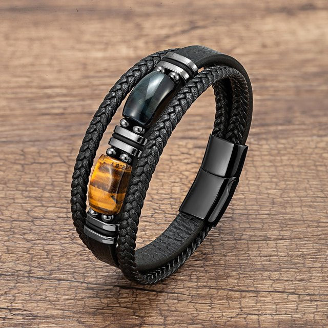 Charm-Armband Leder, Edelstahl, Tigerauge-Stein, Gray, Herren, 21cm - Bild 1