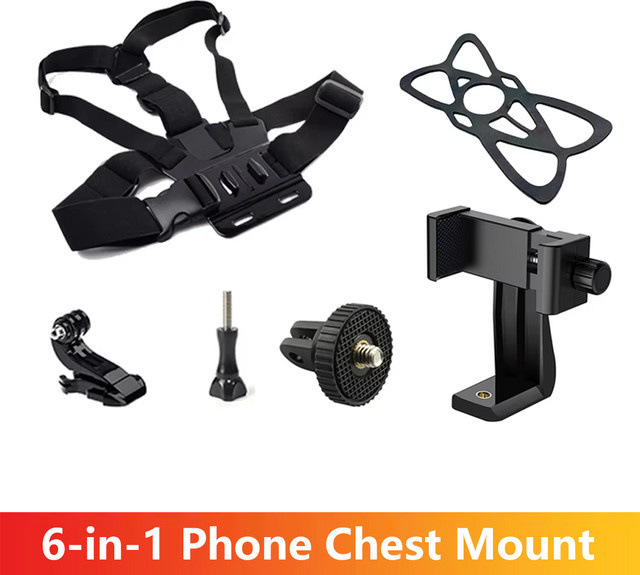 EXSKOF 6-in-1 Smartphone Brusthalterung mit verstellbarem Clip und Stativ sowie Selfie Stick in Schwarz für Samsung, iPhone, HUAWEI, XIAOMI, Realme und GoPro OSMO Action Cam - Bild 1
