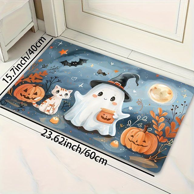 VIKAMA Halloween Teppich mit Kürbis-Geist Motiv als Willkommensmatte für Wohnzimmer und Außenbereich - Bild 1