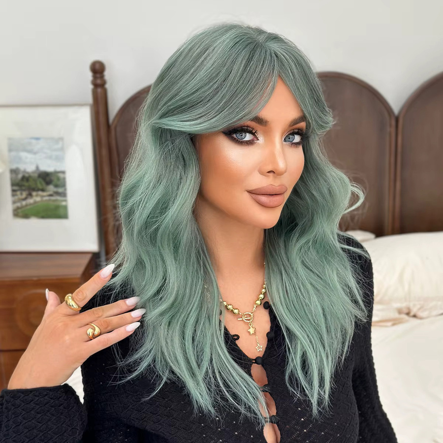 7JHH WIGS Wasserwellen-Perücke, Grün, Damen, Synthetik, Mittelscheitel, Pony - Bild 3