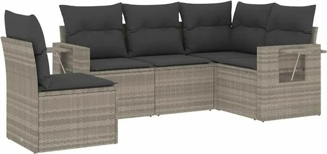 vidaXL 5-teilige Garten-Sofagarnitur in L-Form aus Polyrattan in Hellgrau mit Kissen und Metallrahmen - Bild 1