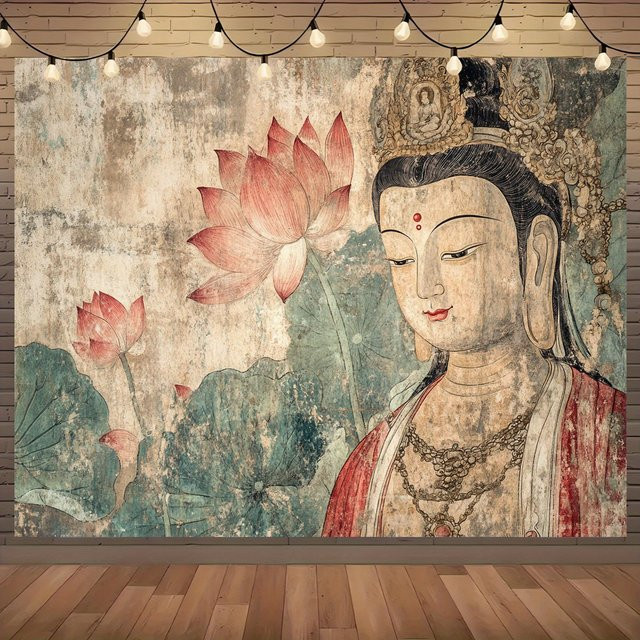 VIKAMA Wandteppich Dunhuang-Stil mit Guanyin und Lotus, Retro Zen Buddha Wandbehang in Multicolour, B: 60 cm, H: 40 cm - Bild 1
