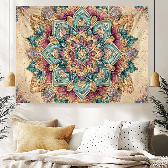 VIKAMA Mandala Wandteppich in Blau-Grün mit Neon-Geometrie-Muster im Boho-Stil, B/H: 60 x 40 cm - Bild 1