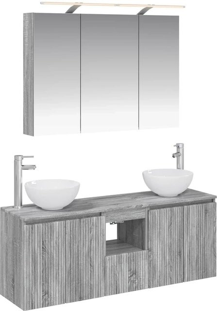 vidaXL Badezimmerschrank-Set 4-teilig in Grau Sonoma mit Waschtischunterschrank, Hochschrank, Spiegelschrank und LED-Beleuchtung, B/T/H: 100 x 14,5 x 70 cm - Bild 1
