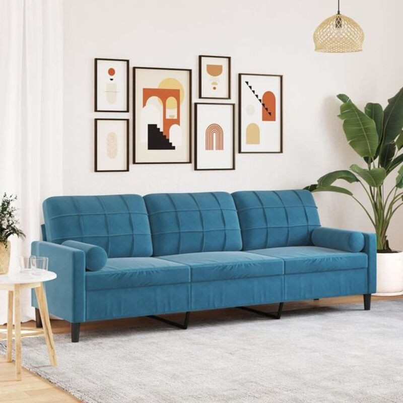 Vidaxl 3-Sitzer Sofa aus Samt in Blau mit Zierkissen und Metallgestell, Breite: 226 cm - Bild 1