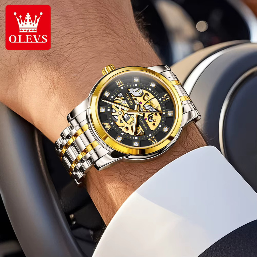 OLEVS Herrenuhr, Automatik, Edelstahl, Diamantbesetzt, Schwarz - Bild 3