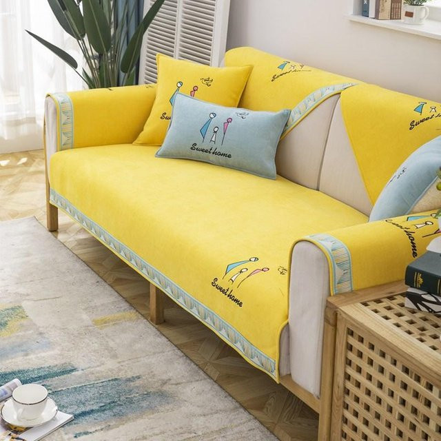 Super Six Sofakissen mit Stickerei in Gelb, modernes Chenille-Design, B/T: 70 x 70 cm - Bild 1