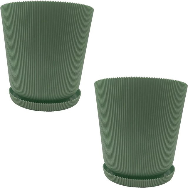 Relaxdays Blumentöpfe mit Untersetzern 2er Set aus Kunststoff, grün, rund und gerippt, Höhe: 20 cm, Durchmesser: 20 cm, Untersetzer Durchmesser: 17 cm - Bild 1