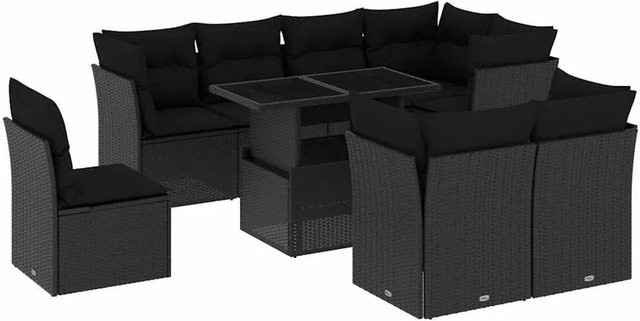 vidaXL 9-tlg Garten-Sofagarnitur in L-Form aus Poly Rattan und Metall mit Kissen in Schwarz - Bild 1