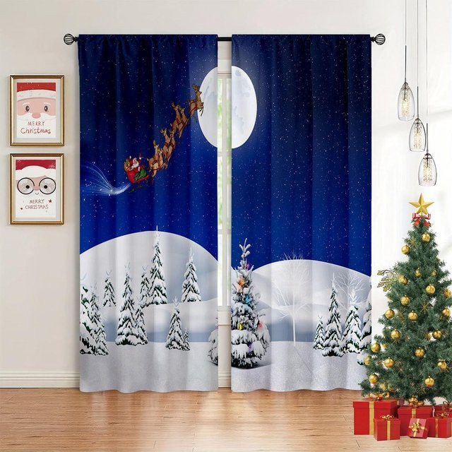 Weihnachtsdekorationsvorhänge mit Weihnachtsmann und Katze in Blau und Rot, 2er-Set aus Polyester für Kinderzimmer, Wohnzimmer oder Schlafzimmer, B/H: 50 x 130 cm - Bild 1