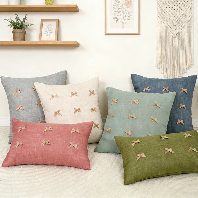 BUYNOW Retro Kissenbezug mit Schleife in Beige für Wohnzimmer und Schlafzimmer - Bild 1
