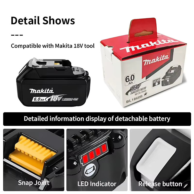 Makita 18V 6,0Ah Akku in Schwarz für Elektrowerkzeuge wie BL1830, BL1830B, BL1840, BL1840B, BL1850 und BL1860B - Bild 3
