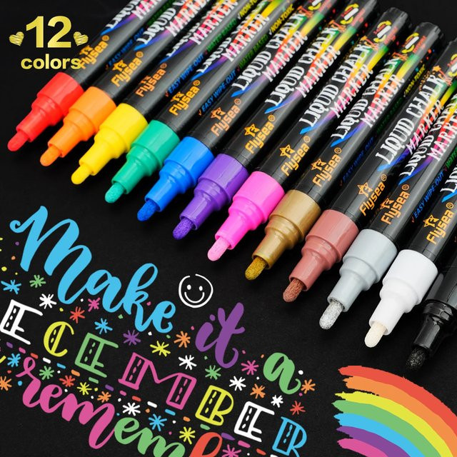 Kolorowys Flüssige Kreidemarker Set mit 12 Farben, löschbare Markerstifte für LED Schreibtafeln, Glas und Fenster mit 3mm-6mm Spitzen - Bild 1