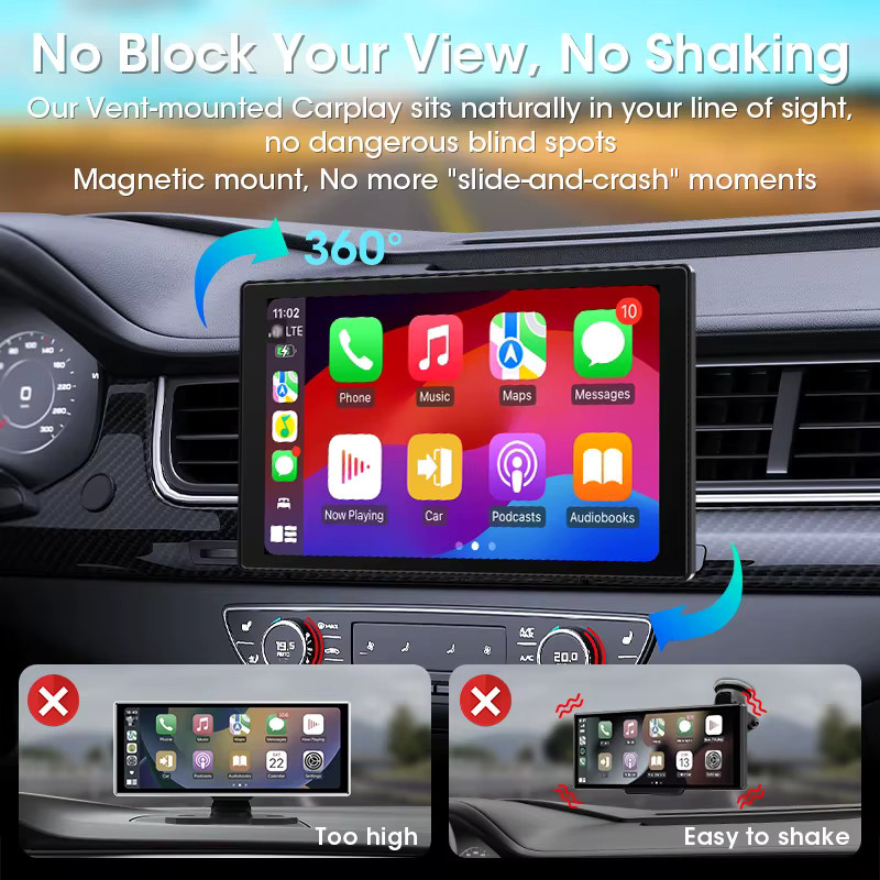 Jansite Tragbarer Carplay Bildschirm mit Bluetooth und GPS, Kabelloses Android Auto Autoradio in Schwarz mit magnetischer Halterung und drehbarem Display - Bild 4