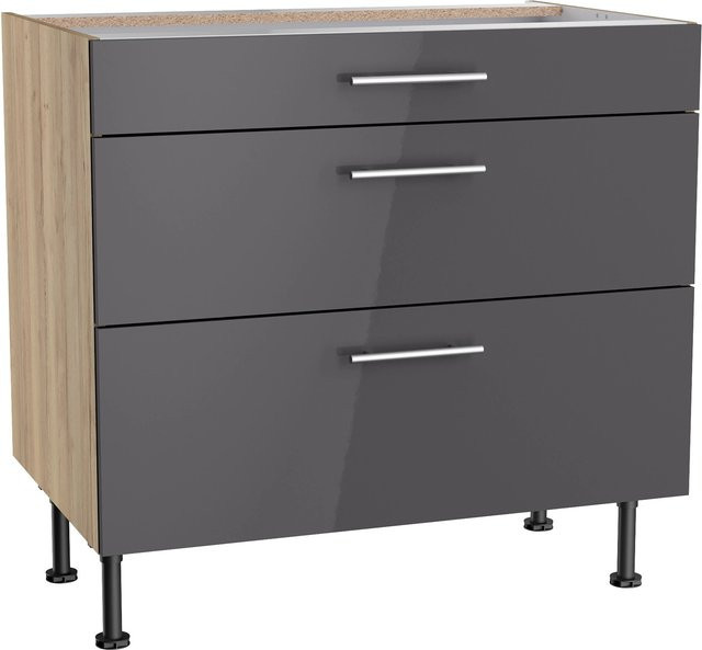 Optifit Küchen-Unterschrank Jonte984 mit 3 Auszügen in Anthrazit-Wildeiche, Breite: 90 cm, Höhe: 87 cm, Tiefe: 58,4 cm - Bild 1