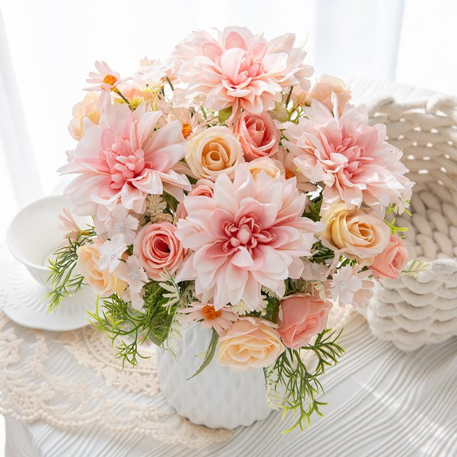 ZQCY Künstliche Blumenmischung aus Rosen, Dahlien und Hortensien in Pink für Dekoration und Brautstrauß - Bild 1