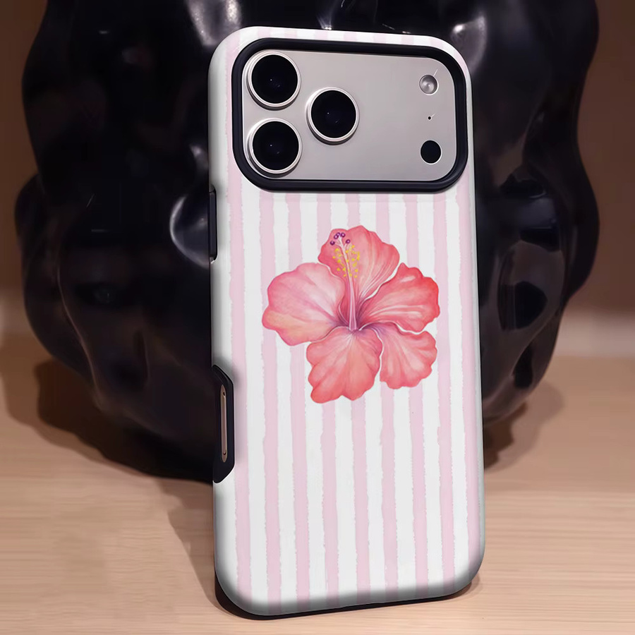 Potdemiel iPhone Hülle mit rosa gestreiftem Hibiskus-Design, robuste doppelschichtige magnetische Handyhülle für iPhone 17 16 15 14 13 Pro Max Plus - Bild 2