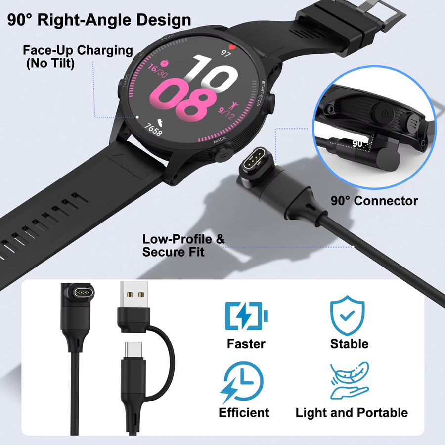 IEOVIEE 2in1 USB und USB-C Ladekabel für Garmin Smartwatches in Schwarz - Bild 3