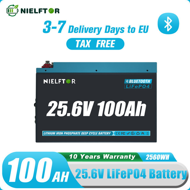 NIELFTOR LiFePO4 Lithium Batterie 24V 100Ah mit Bluetooth und 100A BMS in Schwarz, 2560Wh für Solar, Wohnmobil und Marine - Bild 1