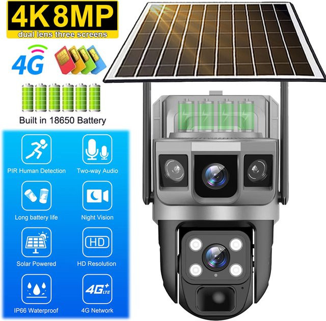 V380 Pro Solar Kamera mit 4G SIM Outdoor Dual Objektiv und drei Bildschirmen, PTZ IP Kamera mit PIR Human Detect und Akku, Weiß - Bild 1