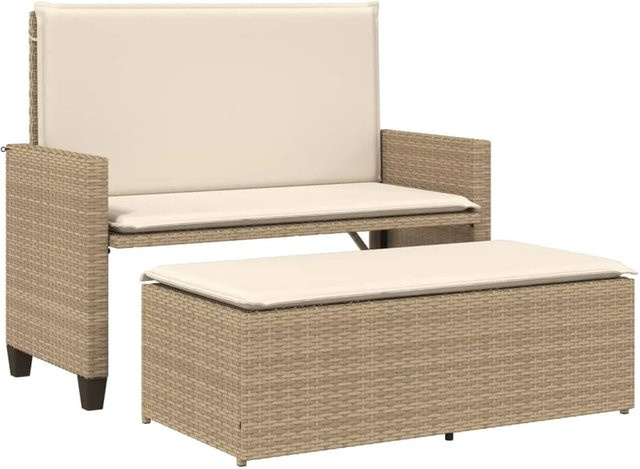 vidaXL Gartenbank aus PE-Rattan mit Hocker und Sitzkissen in Beige, B/T/H: 122 x 115 x 55 cm - Bild 1