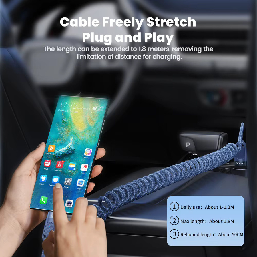 Toocki USB-C Schnellladekabel 6A mit Teleskop-Federfunktion in Blau für Samsung S23, Xiaomi 12 und Redmi - Bild 2