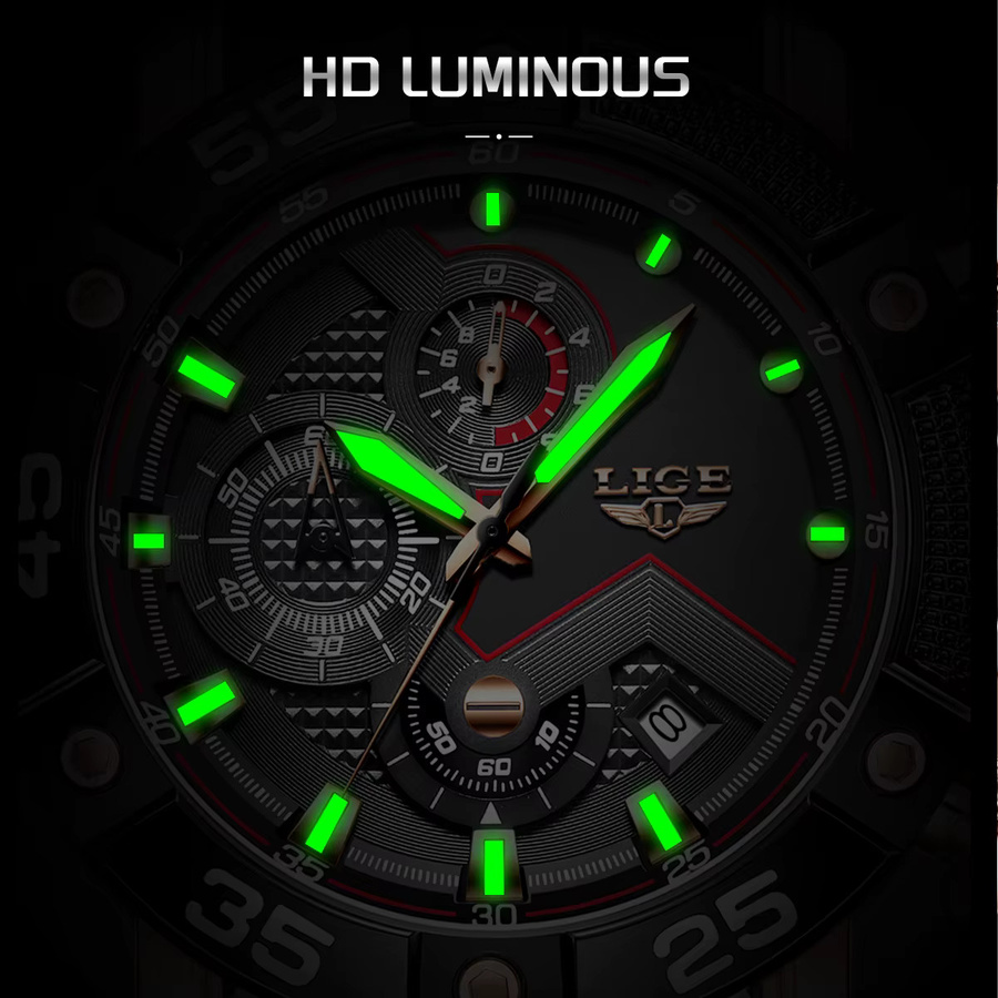 LIGE Chronograph Herrenuhr, Quarz, Silikon, Schwarz, Datum - Bild 3