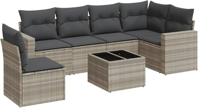vidaXL 7-teilige Garten-Sofagarnitur in L-Form aus Poly-Rattan mit Kissen in Hellgrau - Bild 1