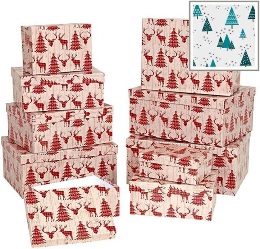 BURI Dekoboxen-Set Weihnachten 10-teilig aus Papier in Weiß und Rot mit floralem Design - Bild 1