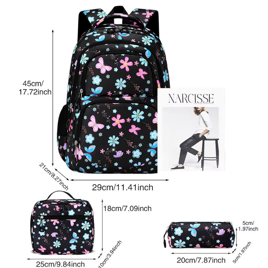 3-teiliges Schulranzen-Set für Kinder mit Schmetterlings- und Blumenmuster in Schwarz, wasserabweisender leichter Rucksack inklusive isolierter Lunch-Tasche und Federmäppchen - Bild 2