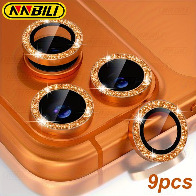 NNBILI 9-teiliger Luxus-Kameraobjektivschutz für iPhone 17 Pro/Pro Max mit 9H gehärtetem Glas und Glitzer-Metallring in Gold und Orange - Bild 1