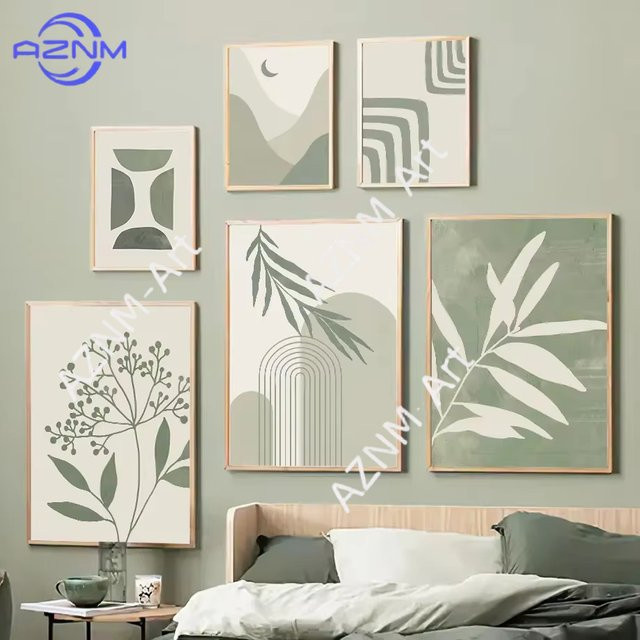 AZNM Wandkunst Leinwand mit abstrakten geometrischen Pflanzenlinien und Regenbogen im Boho-Stil, Mehrfarbig - Bild 1