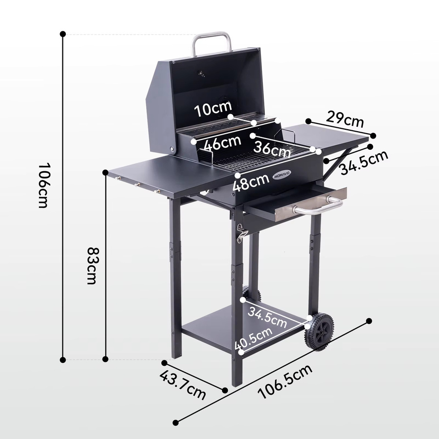HOMAVO Holzkohlegrill in Schwarz mit emailliertem Grillrost, Warmhalterost, Thermometer, Kamin, Seitentisch und Rollen, B/T/H: 106,5 x 43,7 x 106 cm - Bild 5