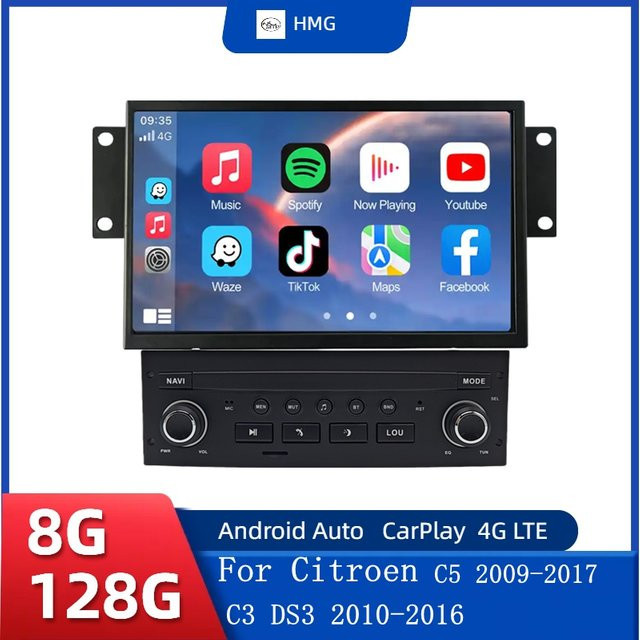 HMG Android 15 Multimedia Autoradio mit Carplay, DSP, 4G, WIFI und GPS für Citroen C3 C5 X7 und DS3 in Schwarz, 2 Din Stereo System - Bild 1