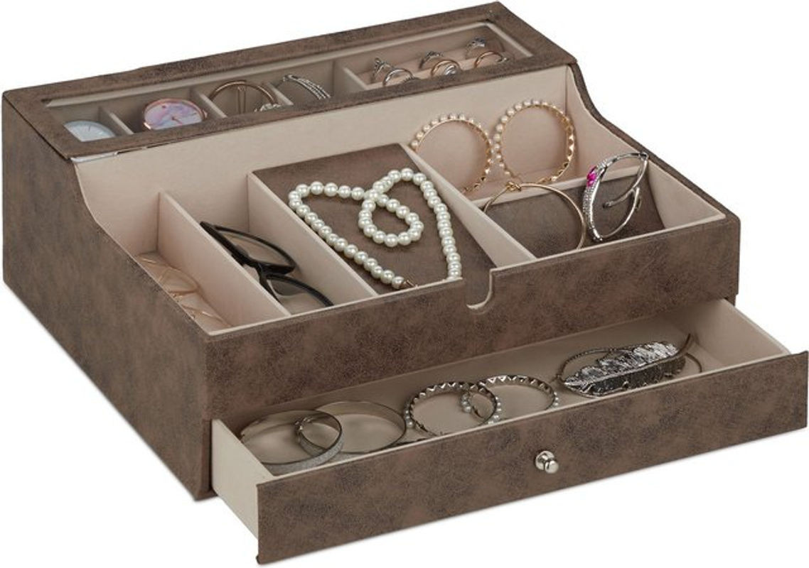 Relaxdays Schmuckkästchen in Lederoptik mit Samtfutter für Damen und Herren, Braun, H x B x T: 13 x 34 x 31 cm - Bild 1