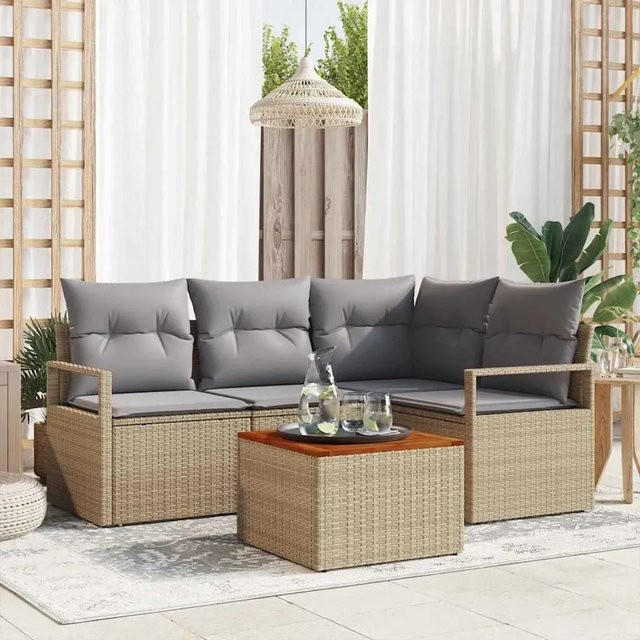 vidaXL Garten-Sofa-Set 5-teilig in U-Form mit Kissen und Couchtisch, Beige/Grau, Poly-Rattan und Akazienholz - Bild 1