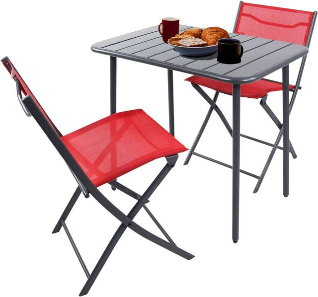 VCM 3-teilige Gartensitzgruppe Sumila in Rot aus Metall und Textilene für Balkon und Terrasse, Tisch mit 2 Klappstühlen, B/T/H: 80 x 55 x 79 cm - Bild 1