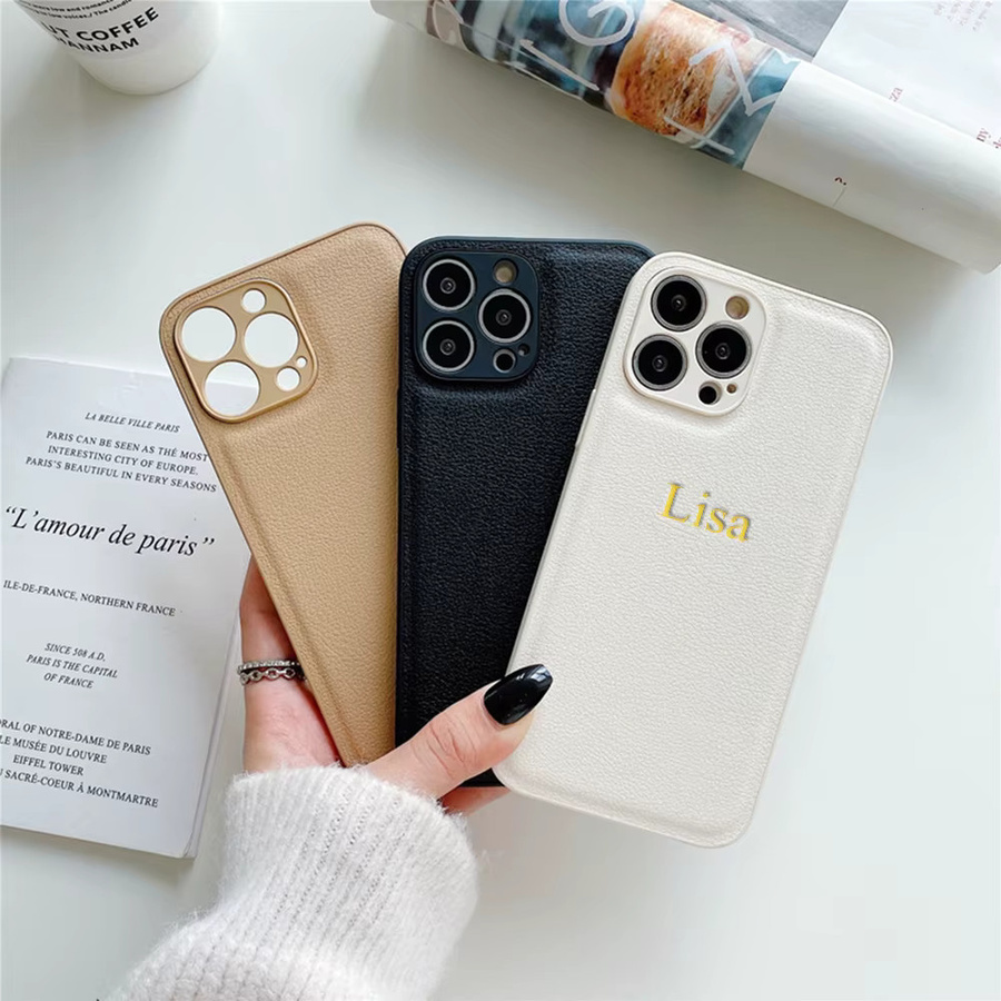 Personalisierte Handyhülle aus luxuriösem PU-Leder für Apple iPhone 11 bis iPhone 17 Pro Max Plus in Beige mit individuellen Initialen oder Namen - Bild 3