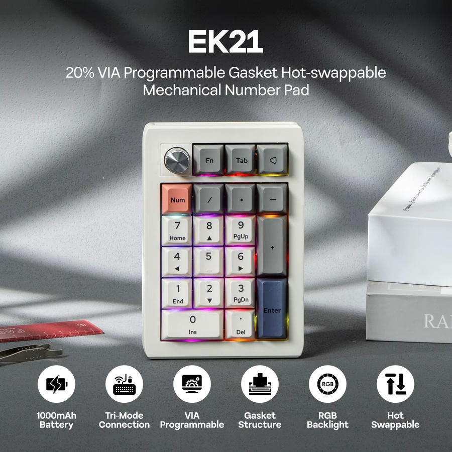 EPOMAKER EK21 Mechanisches Nummernpad, Tri-Mode Kabellos, Gasket Hot-Swap, RGB-Hintergrundbeleuchtung, 1000mAh Akku, Weiß - Bild 2