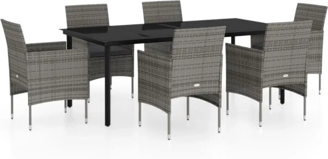 vidaXL 7-teilige Garten-Essgruppe aus PE-Rattan und pulverbeschichtetem Stahl mit Glasplatte und Kissen in Grau und Schwarz - Bild 1