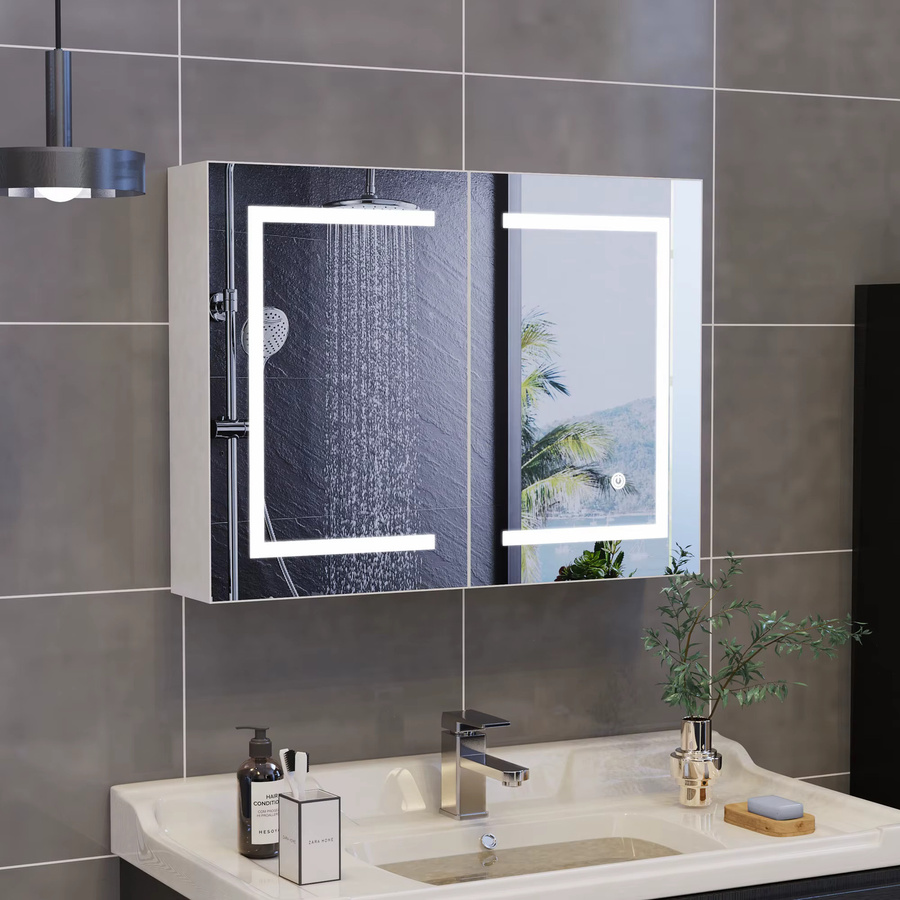 Fangange LED-Badezimmerspiegelschrank in Silber, wandmontierter Spiegelschrank aus Edelstahl mit Touch-Steuerung, dimmbarer LED-Beleuchtung und 3 Farbtemperaturen, Doppeltür mit verstellbaren Glasregalen - Bild 2