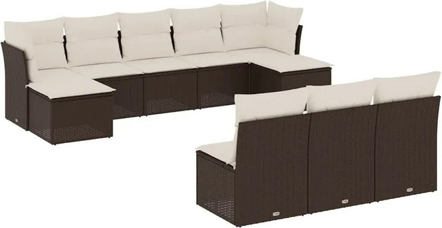 vidaXL 10-teilige Garten-Sofagarnitur in L-Form aus Polyrattan mit Kissen und Ottoman, Braun und Weiß - Bild 1