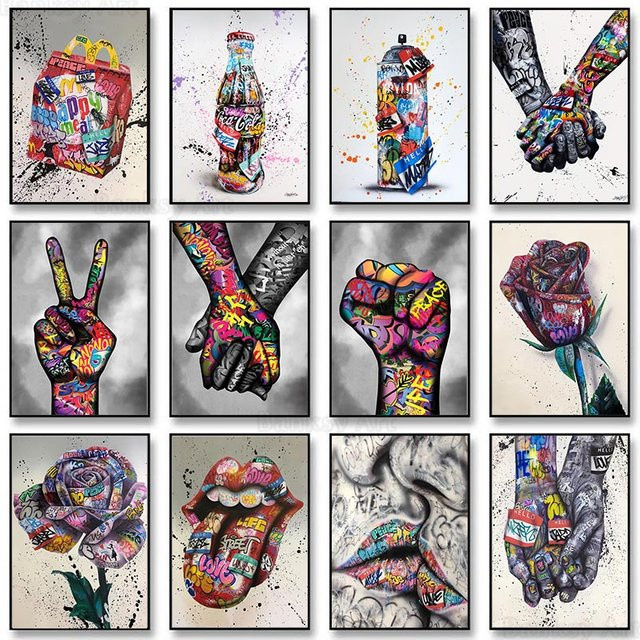 Modernes Graffiti-Wandbild Potdemiel als abstraktes Pop-Art Poster mit Herz-Motiven in Multicolour - Bild 1