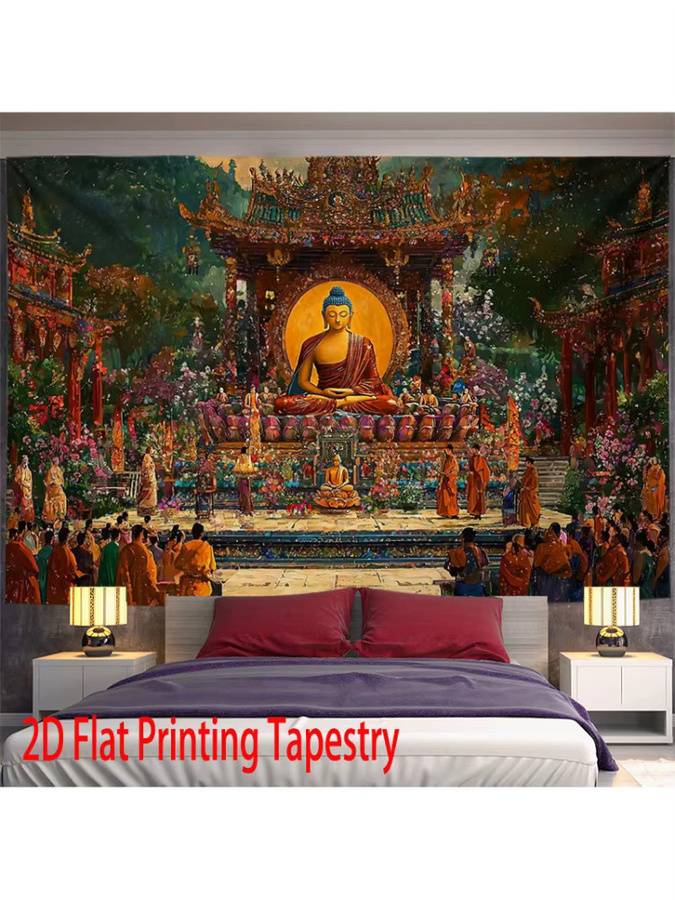 VIKAMA Zen-Wandteppich mit Buddha-Dharma-Lehre und chinesischem Tempel, mehrfarbiges Wandbild für dein Wohnzimmer - Bild 3