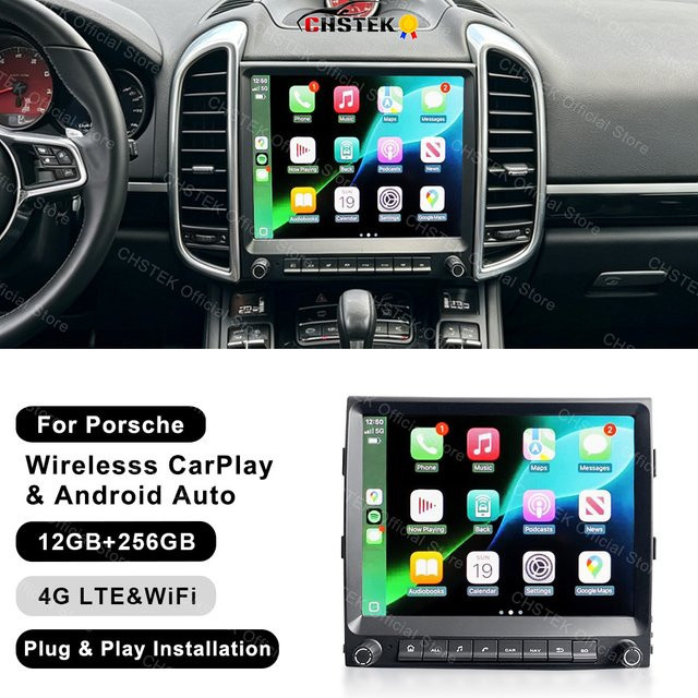CHSTEK Kabelloses CarPlay Autoradio für Porsche Cayenne 958 92A 2011-2017 mit Android 14, GPS, WiFi, Bluetooth und 4G Unterstützung in Schwarz - Bild 1