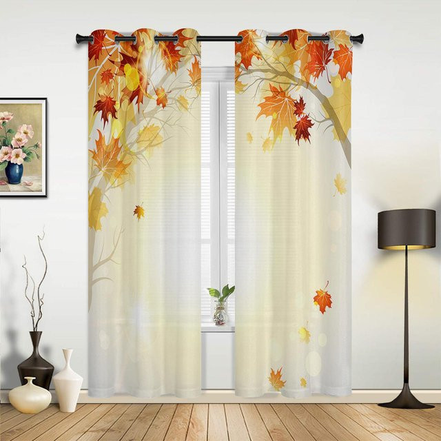 Yiran Furniture Vorhänge mit Palmenblatt-Design in Gelb Grau Weiß, 2er-Set, B: 107 cm, H: 115 cm - Bild 1